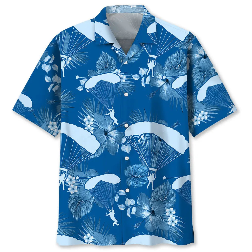 Skydiving Blue Hawaiian Shirt For Resort Trips, Coastal Parties, And Warm Weather Style