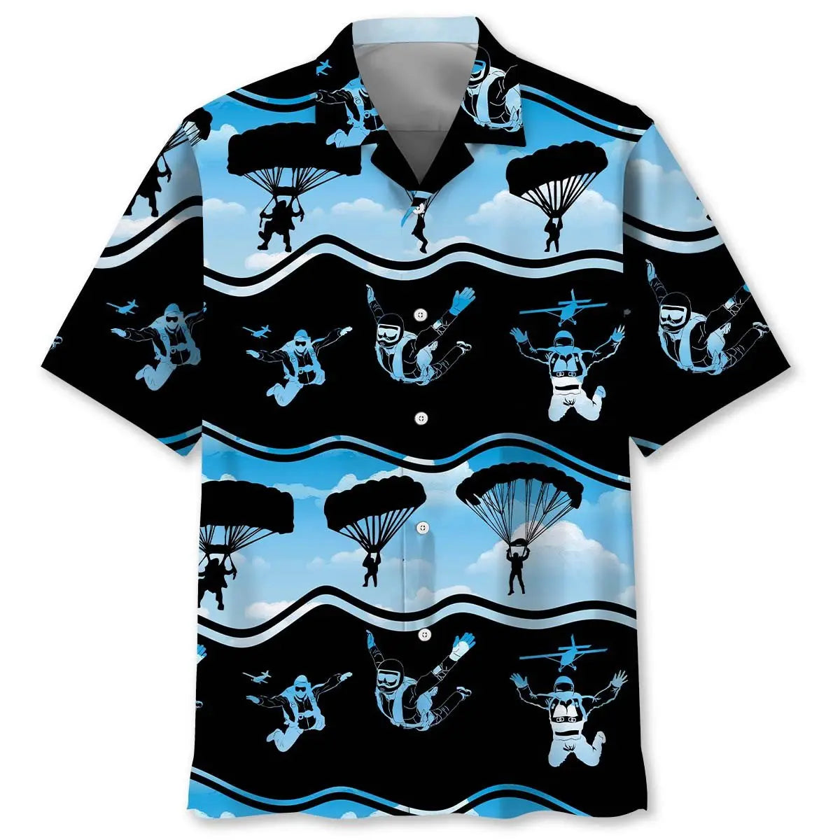 Skydiving Blue Hawaiian Shirt For Resort Trips, Coastal Parties, And Warm Weather Style