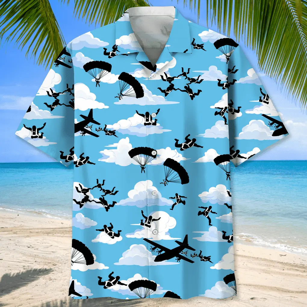 Skydiving Blue Sky Hawaiian Shirt For Summer Vacation, Beach Travel, And Casual Wear