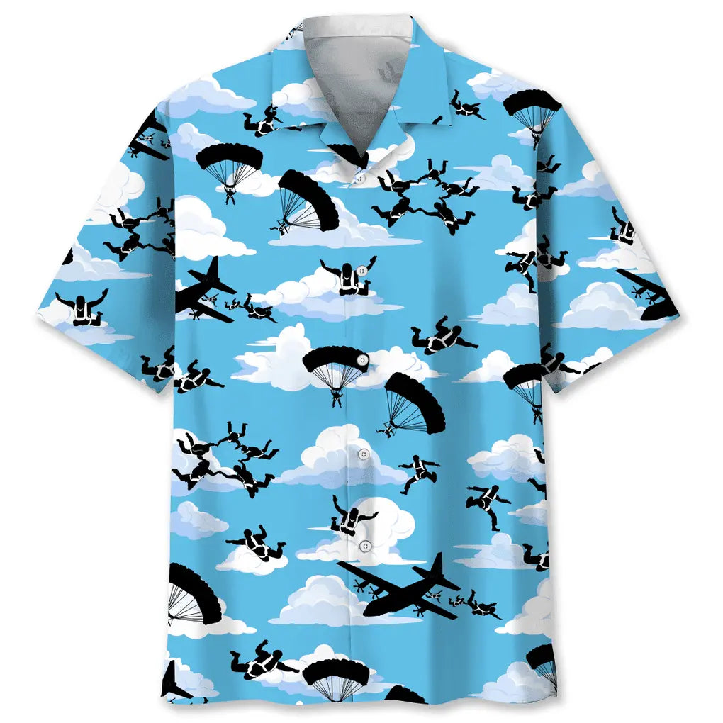Skydiving Blue Sky Hawaiian Shirt For Summer Vacation, Beach Travel, And Casual Wear