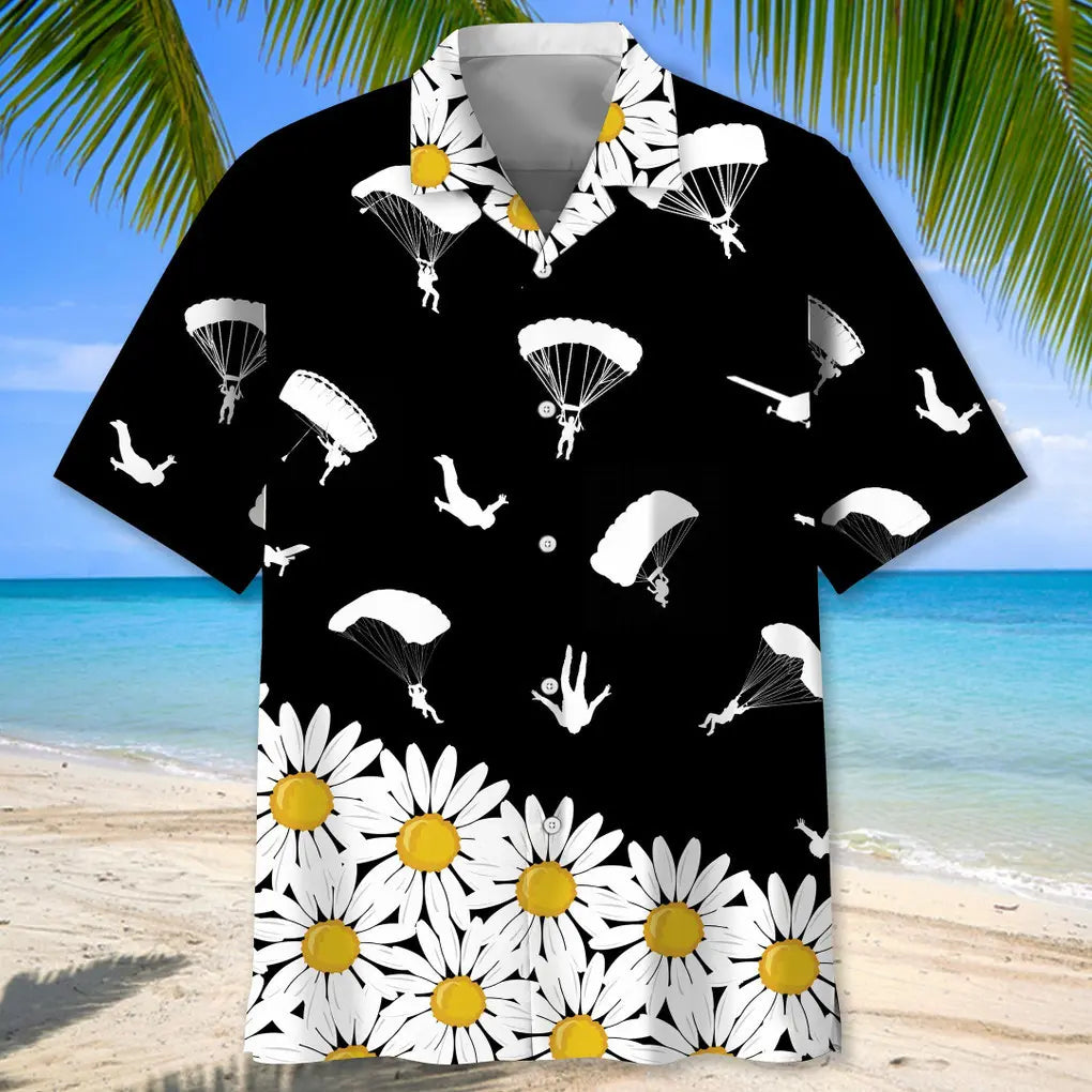 Floral Skydiving Daisy Hawaiian Shirt For Coastal Travel, Casual Events, And Comfortable Summer Wear
