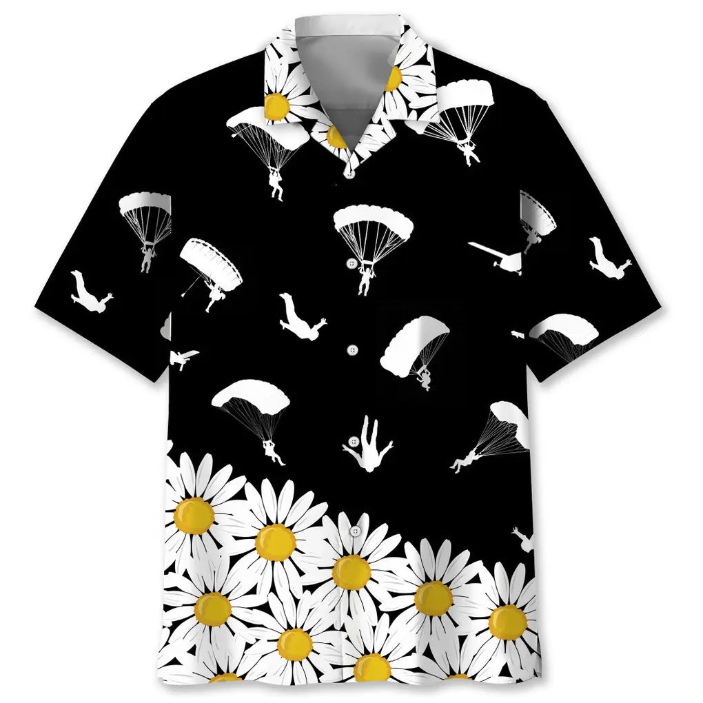 Floral Skydiving Daisy Hawaiian Shirt For Coastal Travel, Casual Events, And Comfortable Summer Wear