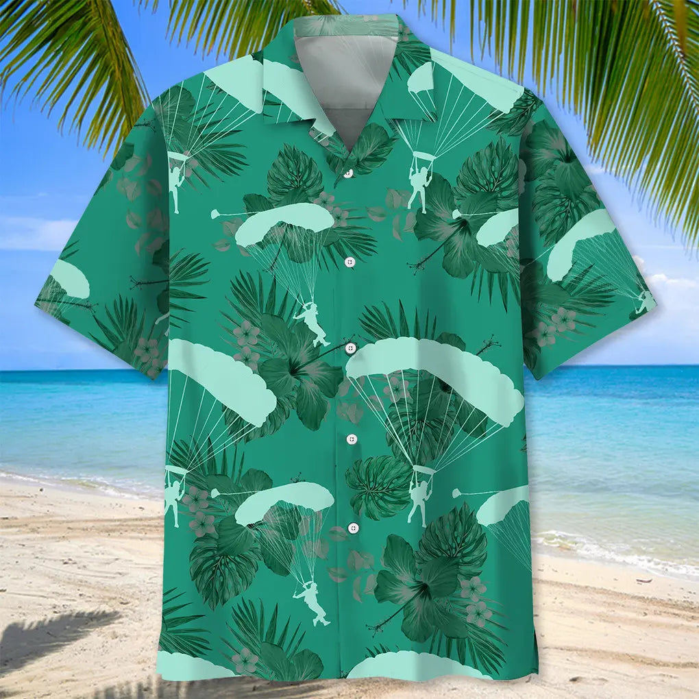 Skydiving Kelly Green Hawaiian Shirt For Summer Vacation, Beach Travel, And Casual Wear