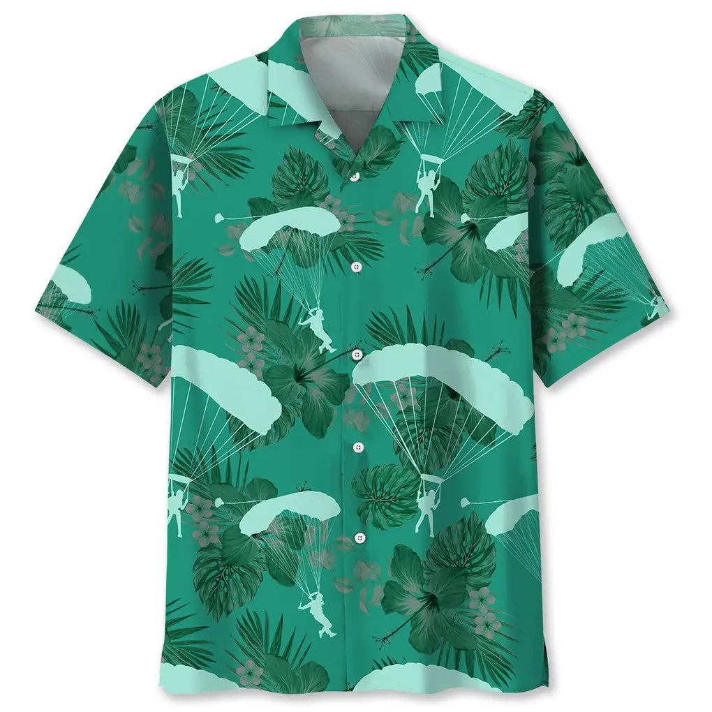 Skydiving Kelly Green Hawaiian Shirt For Summer Vacation, Beach Travel, And Casual Wear