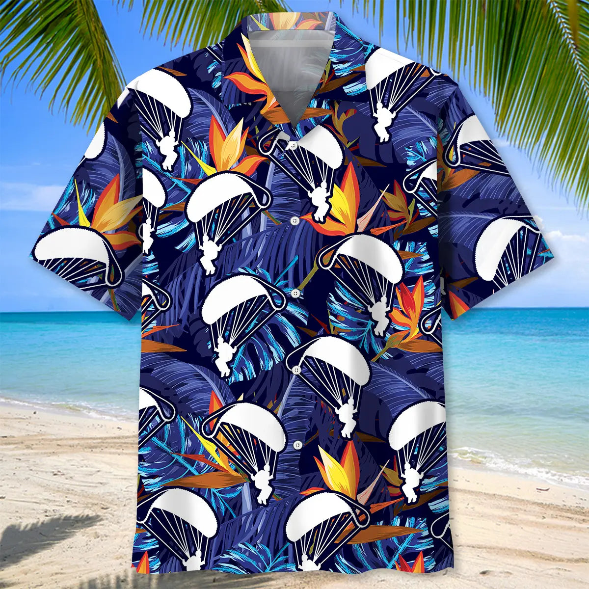 Tropical Skydiving Hawaiian Shirt For Summer Vacation, Beach Travel, And Casual Wear
