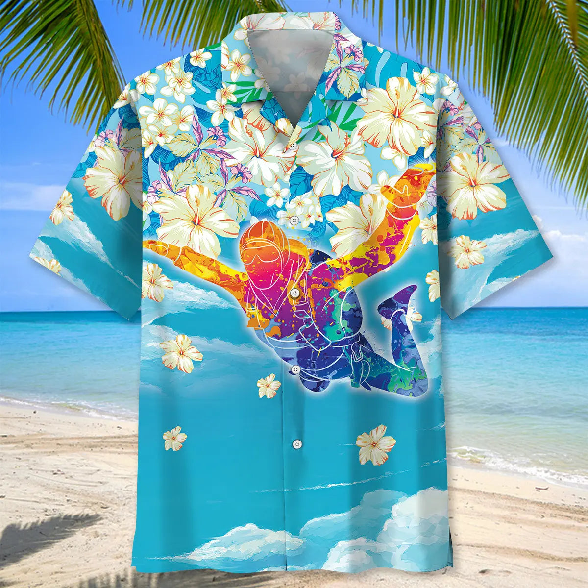 Tropical Skydiving Hawaiian Shirt For Resort Trips, Coastal Parties, And Warm Weather Style