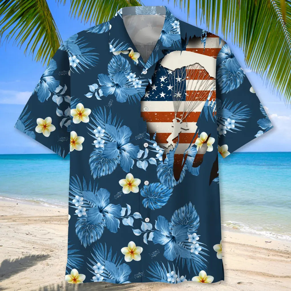 American Tropical Skydiving Blue Hawaiian Shirt For Resort Trips, Coastal Parties, And Warm Weather Style