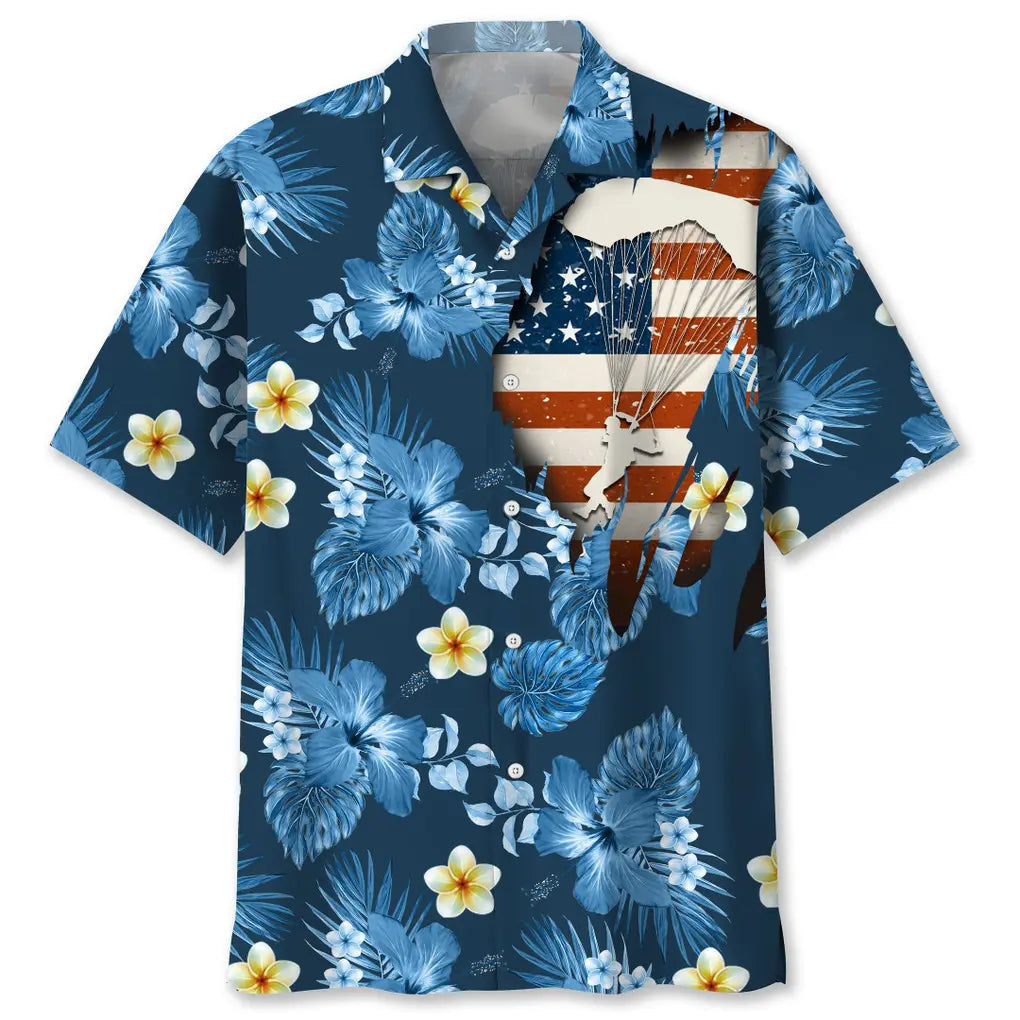 American Tropical Skydiving Blue Hawaiian Shirt For Resort Trips, Coastal Parties, And Warm Weather Style