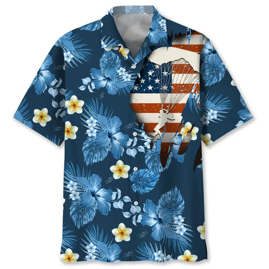 American Tropical Skydiving Blue Hawaiian Shirt For Resort Trips, Coastal Parties, And Warm Weather Style