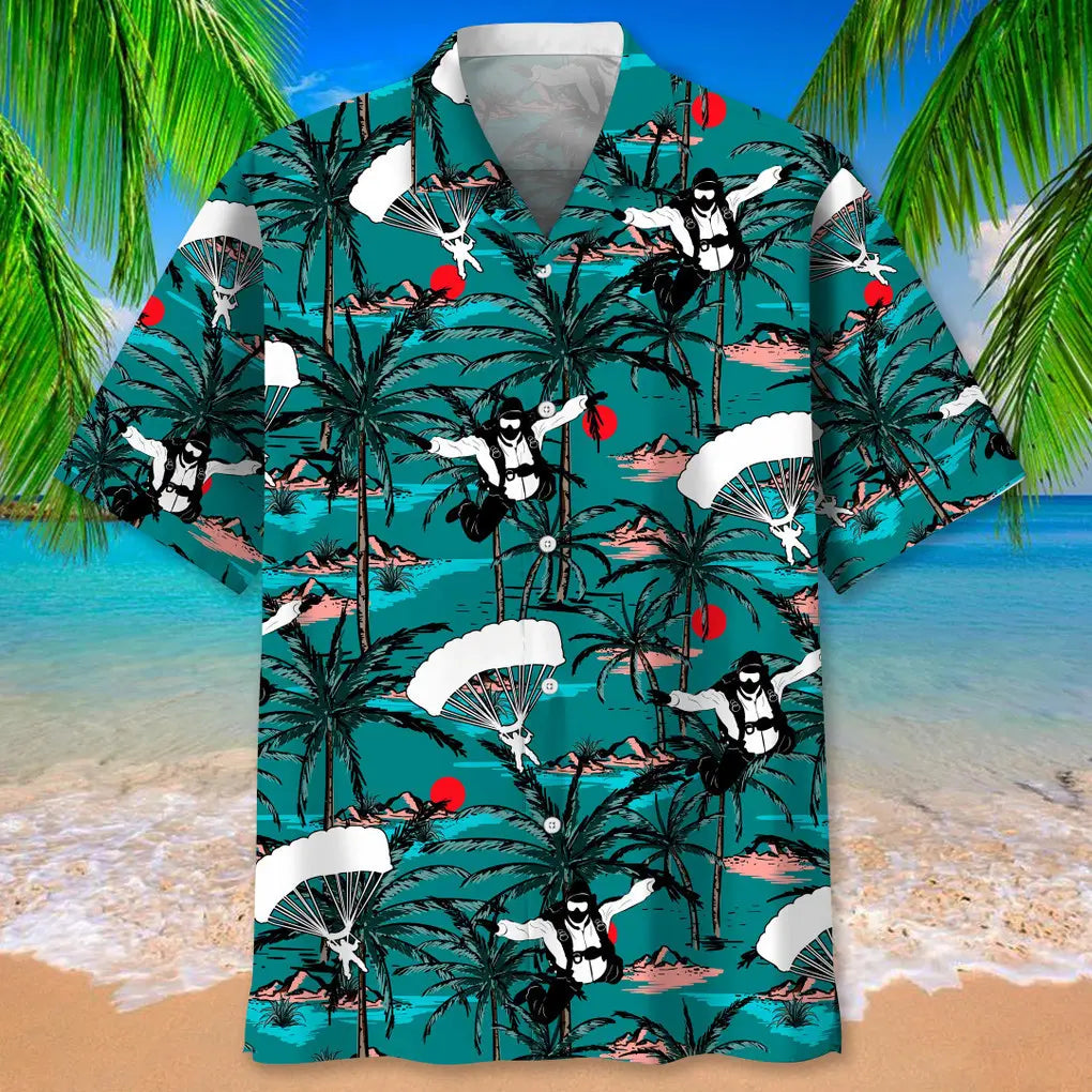 Vintage Skydiving Hawaiian Shirt For Resort Trips, Coastal Parties, And Warm Weather Style