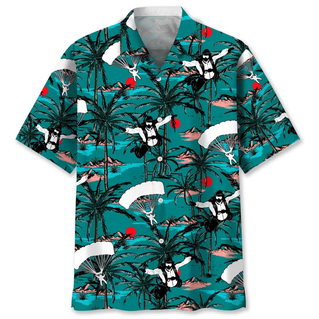 Vintage Skydiving Hawaiian Shirt For Resort Trips, Coastal Parties, And Warm Weather Style