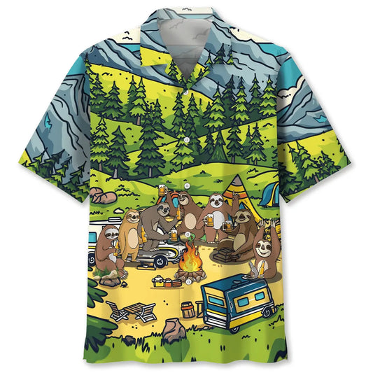 Funny Sloth Camping Hawaiian Shirt For Coastal Travel, Casual Events, And Comfortable Summer Wear