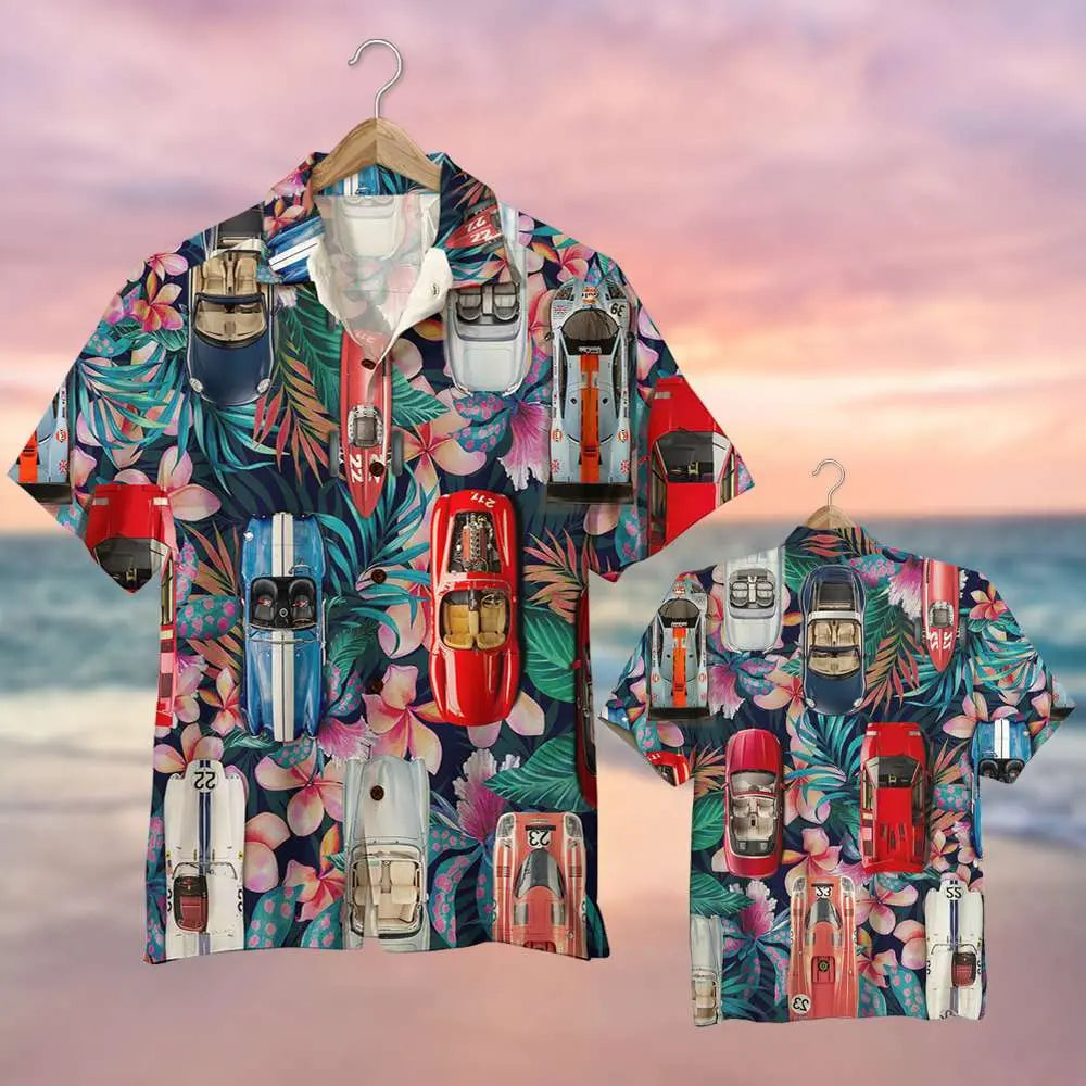 Floral Island Summer Sport Car Aloha Pattern Hawaiian Shirt For Racing Fans, Summer Outings, And Relaxed Vacation Wear