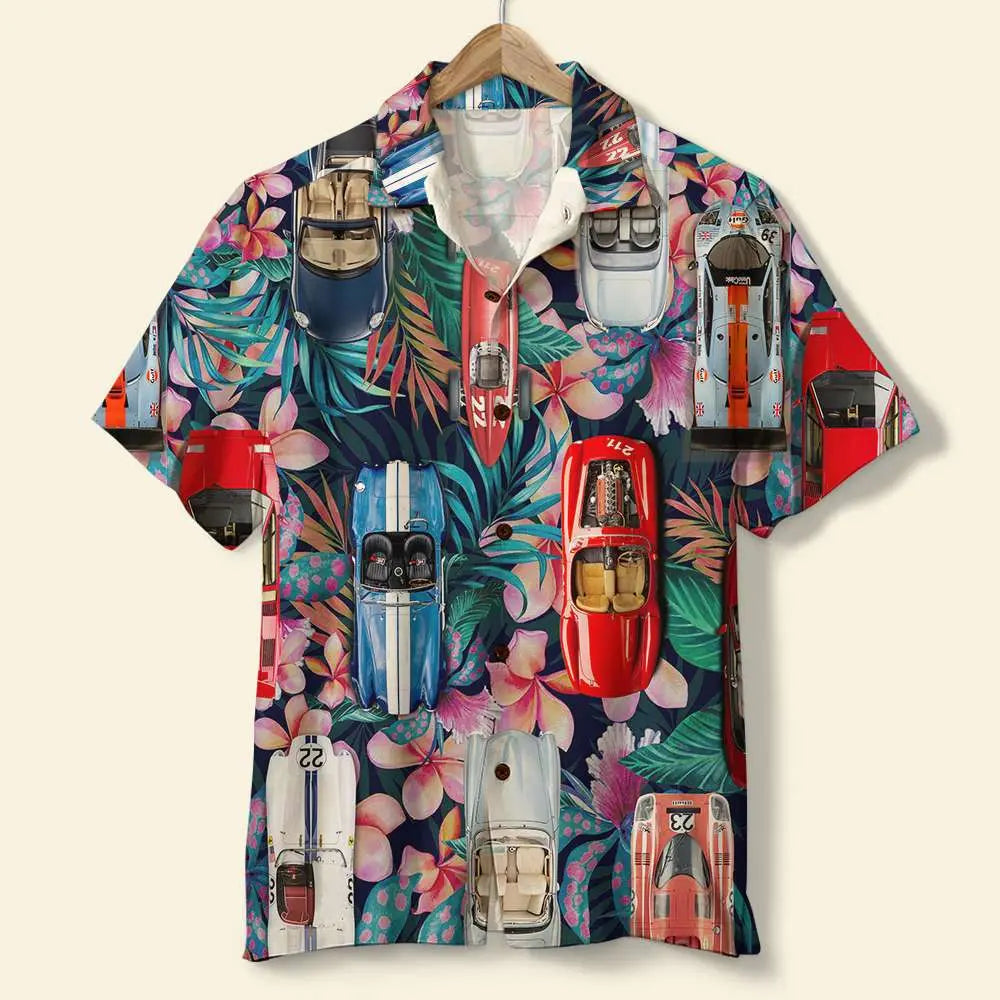 Floral Island Summer Sport Car Aloha Pattern Hawaiian Shirt For Racing Fans, Summer Outings, And Relaxed Vacation Wear
