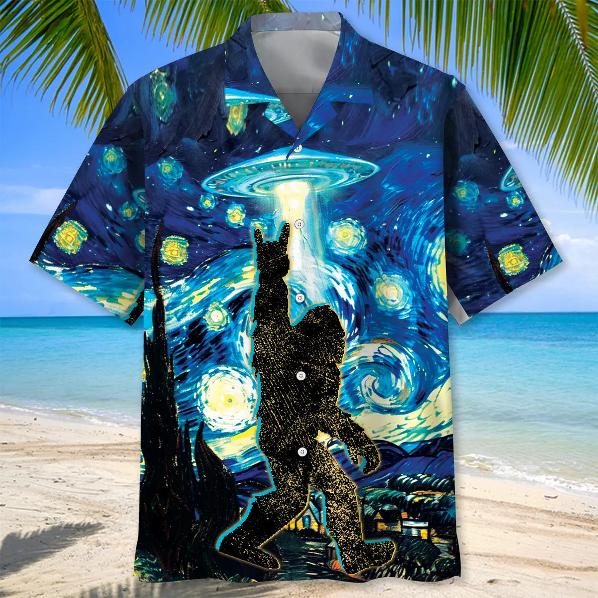 Starry Night Alien Bigfoot Rock And Roll Hawaiian Shirt For Poolside Gathering, Vacation Cruise, And Seasonal Wardrobe
