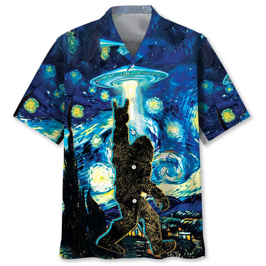 Starry Night Alien Bigfoot Rock And Roll Hawaiian Shirt For Tropical Holiday And Memorable Gifting