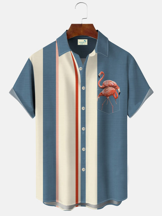 Summer Flamingo Stripe 50S Bowling Commuter Hawaiian Shirt For Beach Days, Weekend Events, And Thoughtful Gift Giving