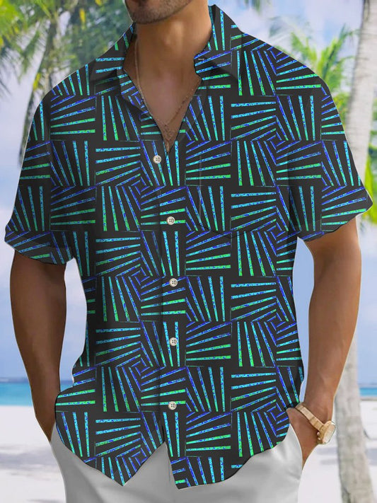 Summer Geometric Line Fluorescent Pattern Vacation Hawaiian Shirt For Summer Vacation, Beach Travel, And Casual Wear