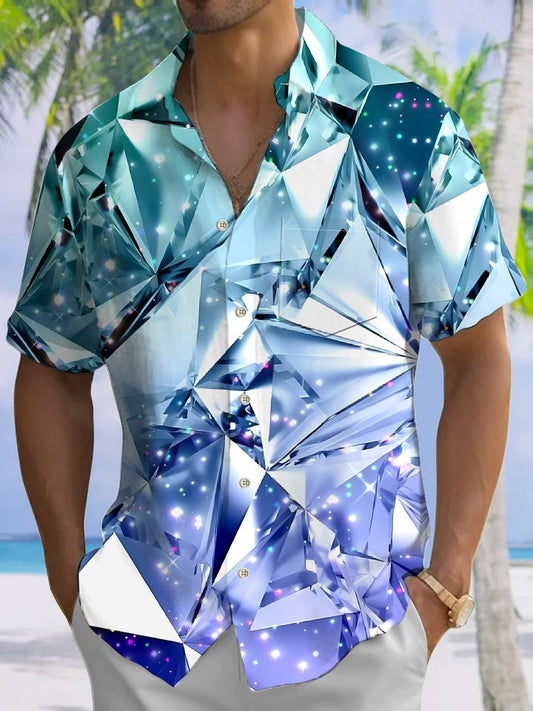 Creative Summer Geometric Pattern Crystal Vacation Hawaiian Shirt For Summer Vacation, Beach Travel, And Casual Wear