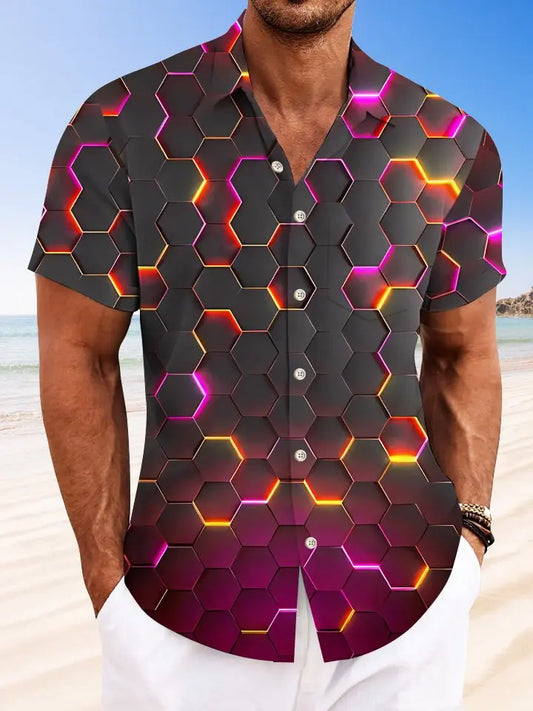 Summer Geometric Pattern Stereo Vacation Hawaiian Shirt For Tropical Holidays, Outdoor Gatherings, And Everyday Comfort
