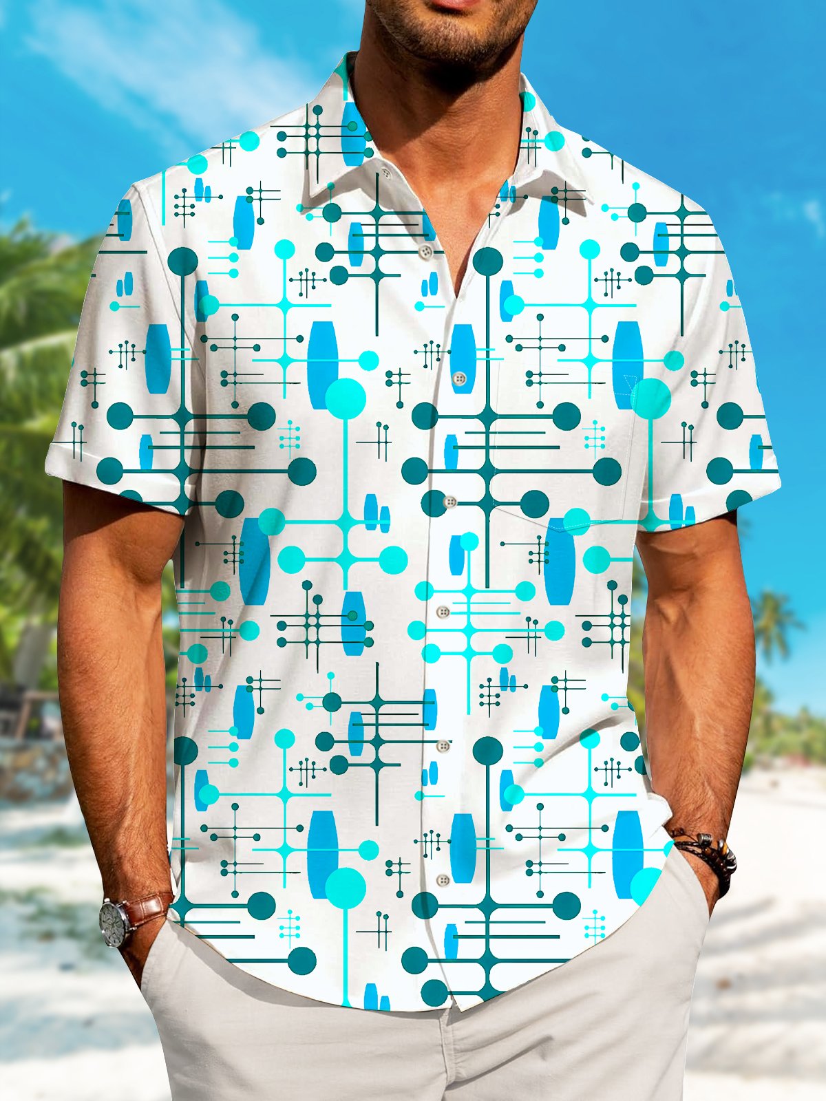 Summer Geometric Pattern Polka Dot Lines Vacation Hawaiian Shirt For Summer Vacation, Beach Travel, And Casual Wear