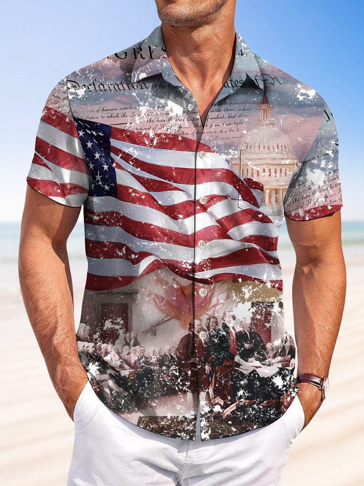 Retro Summer Holiday Independence Flag Vacation Hawaiian Shirt For Summer Vacation, Beach Travel, And Casual Wear