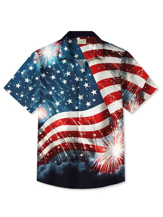 Retro Summer Independence Holiday Flag Vacation Hawaiian Shirt For Summer Vacation, Beach Travel, And Casual Wear