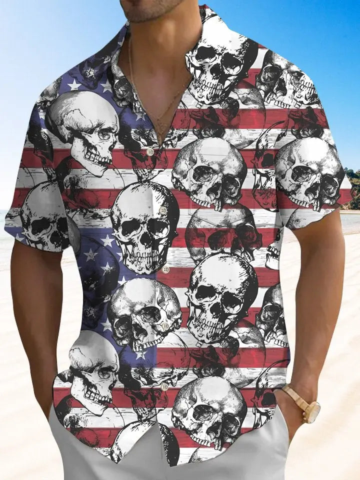 Retro Summer Independence Holiday Skull Vacation Hawaiian Shirt For Summer Vacation, Beach Travel, And Casual Wear