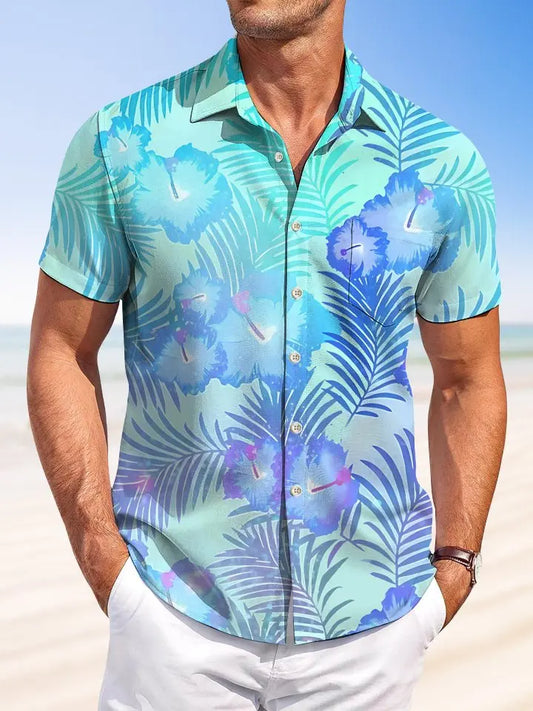 Tropical Summer Leaves Vacation Hawaiian Shirt For Summer Vacation, Beach Travel, And Casual Wear
