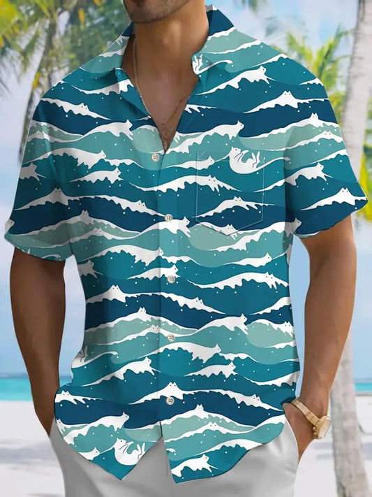 Summer Ocean Waves Animal Vacation Hawaiian Shirt For Coastal Travel, Casual Events, And Comfortable Summer Wear