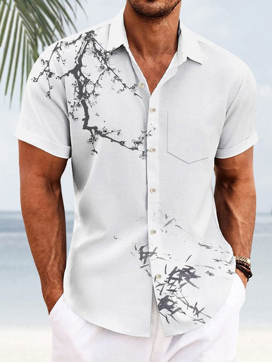 Vintage Watercolor Summer Plants Bamboo Peach Blossom Hawaiian Shirt For Summer Vacation, Beach Travel, And Casual Wear