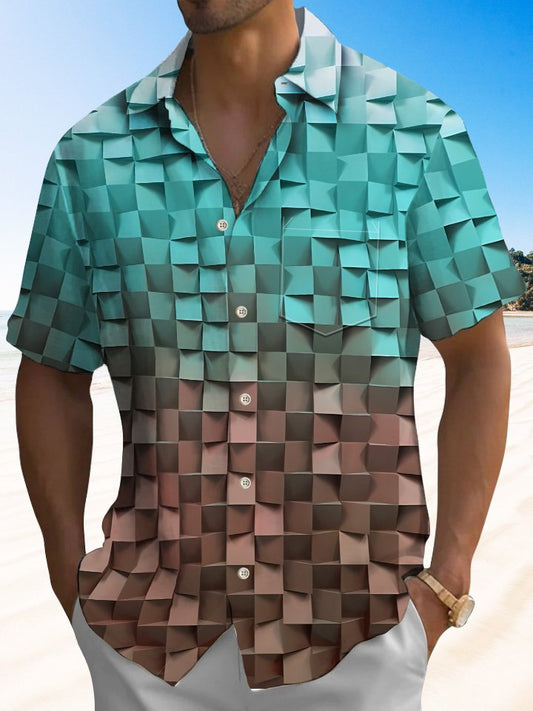 Tropical Summer Plaid Gradient Vacation Hawaiian Shirt For Summer Vacation, Beach Travel, And Casual Wear