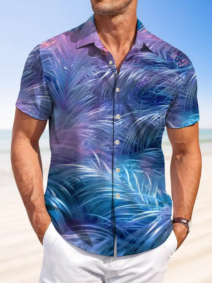 Tropical Summer Plant Leaves Beach Vacation Hawaiian Shirt For Summer Vacation, Beach Travel, And Casual Wear