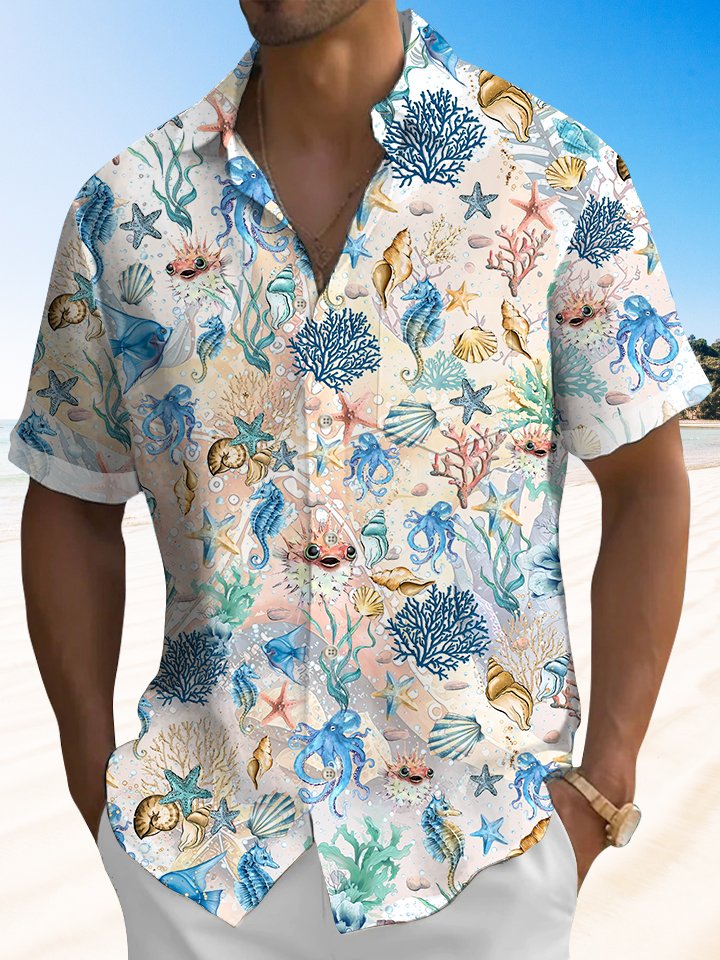 Tropical Summer Sea Beach Hawaiian Shirt For Island Getaways, Outdoor Gatherings, And Comfortable Summer Wear