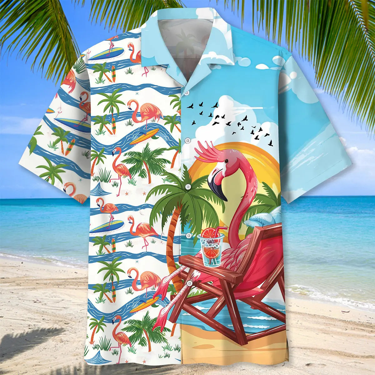 Summer Vacation Flamingo Hawaiian Shirt For Summer Vacation, Beach Travel, And Casual Wear