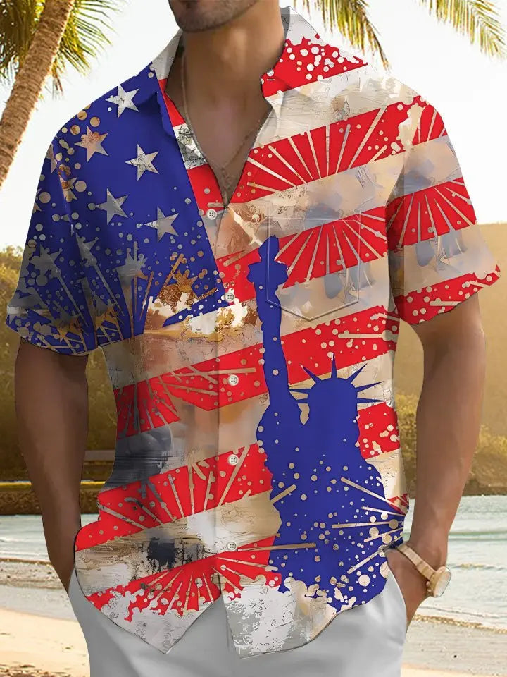 Vintage Summer Independence Flag Vacation Hawaiian Shirt For Beach Days, Summer Outings, And Thoughtful Gift Giving