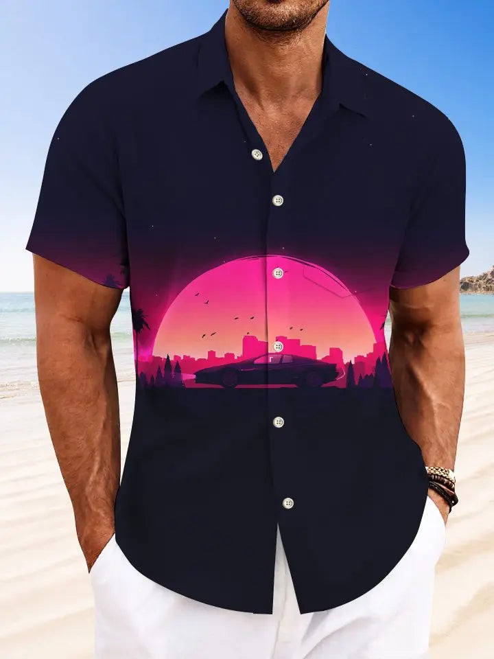 Sunset Coconut Tree Car Men Button Button Casual Hawaiian Shirt