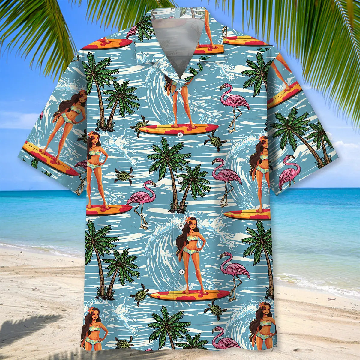Surfing Girl Hawaiian Shirt For Seasonal Celebration, Warm Weather Outing, And Coastal Style