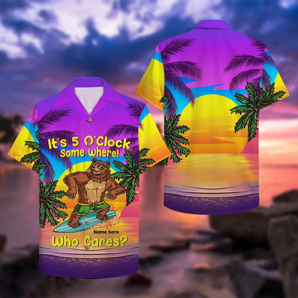 Island Surfing Bear It's O'Clock Cares Aloha Hawaiian Shirt For Beach Days, Weekend Events, And Thoughtful Gift Giving
