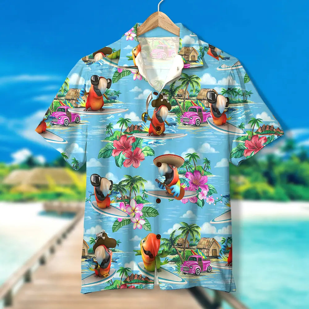 Tropical Island Summer Surfing Parrot Aloha Scenes Hawaiian Shirt For Summer Vacation, Beach Travel, And Casual Wear