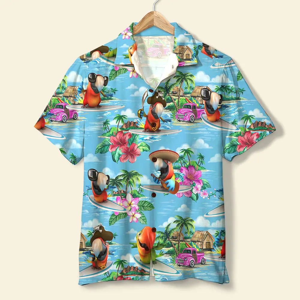 Tropical Island Summer Surfing Parrot Aloha Scenes Hawaiian Shirt For Summer Vacation, Beach Travel, And Casual Wear