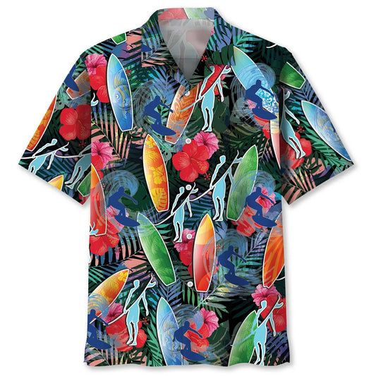 Tropical Surfing Hawaiian Shirt For Summer Vacation, Beach Travel, And Casual Wear