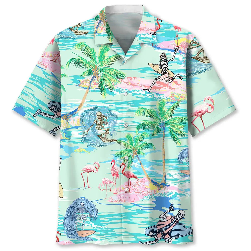 Tropical Surfing Skull Hawaiian Shirt For Tropical Holidays, Outdoor Gatherings, And Everyday Comfort