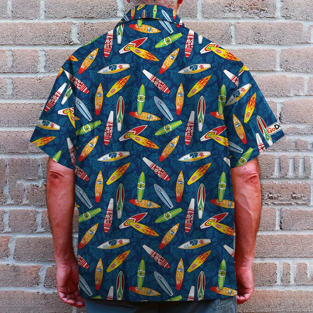Island Summer Surfing Aloha Surfboard Hibiscus Pattern Hawaiian Shirt For Summer Vacation, Beach Travel, And Casual Wear