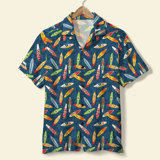 Island Summer Surfing Aloha Surfboard Hibiscus Pattern Hawaiian Shirt For Summer Vacation, Beach Travel, And Casual Wear