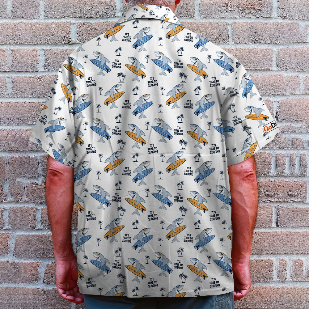 Island Summer Surfing Aloha Shark Palm Trees Pattern Hawaiian Shirt For Summer Vacation, Beach Travel, And Casual Wear