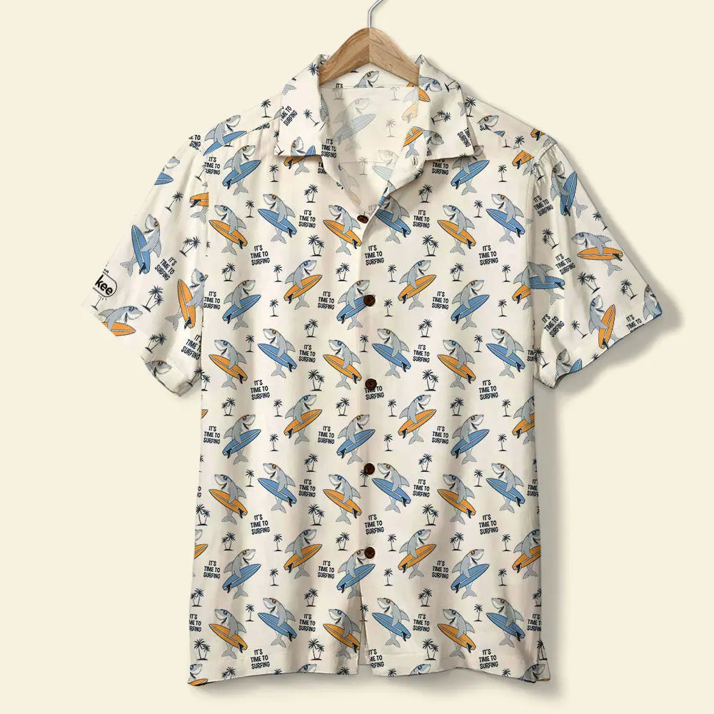 Island Summer Surfing Aloha Shark Palm Trees Pattern Hawaiian Shirt For Summer Vacation, Beach Travel, And Casual Wear