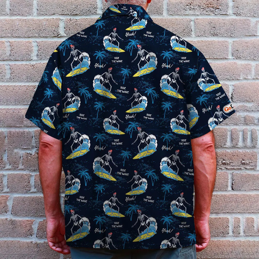 Island Summer Surfing Aloha Skeleton Palm Trees Hawaiian Shirt For Summer Vacation, Beach Travel, And Casual Wear