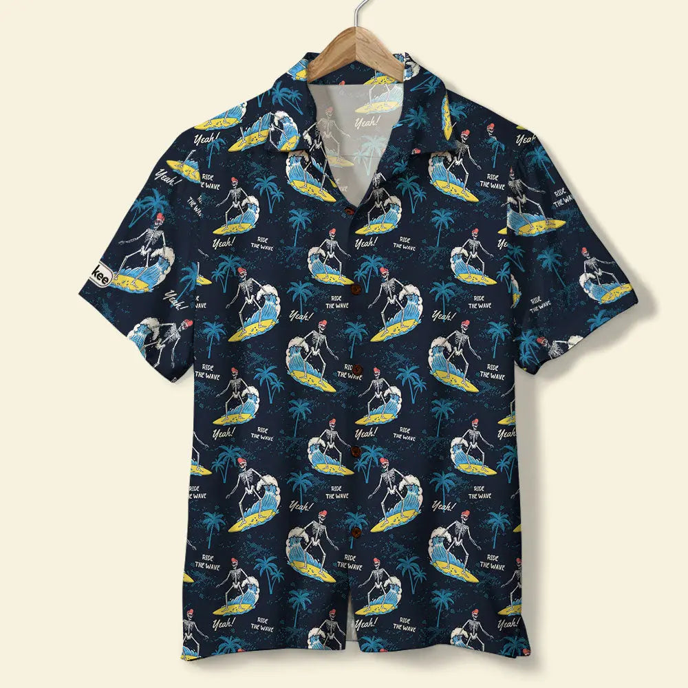 Island Summer Surfing Aloha Skeleton Palm Trees Hawaiian Shirt For Summer Vacation, Beach Travel, And Casual Wear