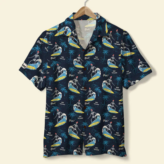 Island Summer Surfing Aloha Skeleton Palm Trees Hawaiian Shirt For Summer Vacation, Beach Travel, And Casual Wear
